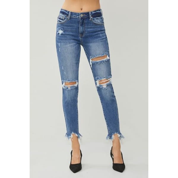 Classic Distressed Frayed Hem Slim Jeans - Pants