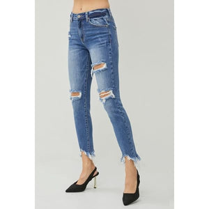 Classic Distressed Frayed Hem Slim Jeans - Pants