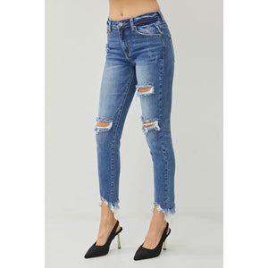 Classic Distressed Frayed Hem Slim Jeans - Pants