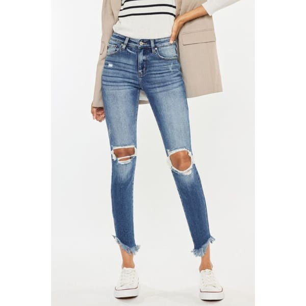 Classic High Waist Distressed Raw Hem Ankle Skinny Jeans