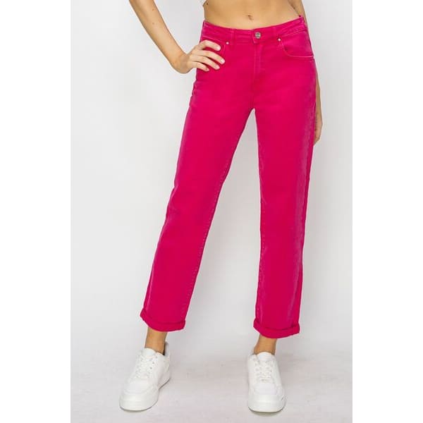 Classic High Waist Rolled Hem Straight Jeans - Pants