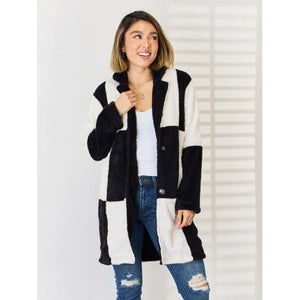 Color Block Button Up Long Sleeve Coat - Jackets