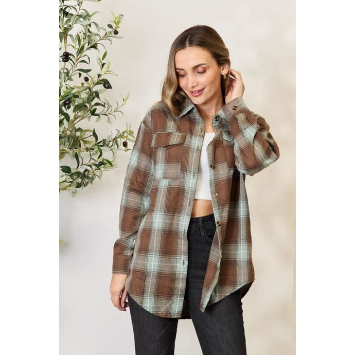 Comfort Cozy Plaid Dropped Shoulder Shirt - Outerwear