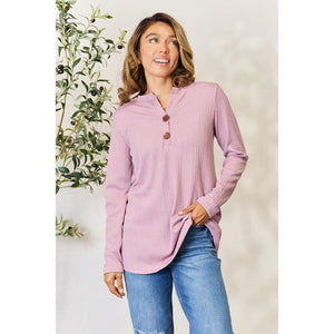 Comfort Stylish Texture Half Button Long Sleeve Blouse