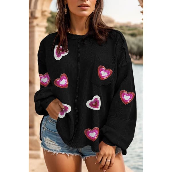 Cozy Heart Sequin Round Neck Sweatshirt Plus Size
