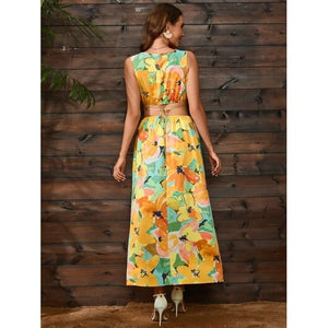 Cutout Floral Round Neck Sleeveless Dress - summer