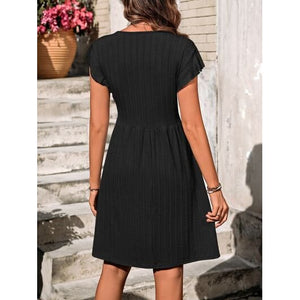 Decorative Button Ruffled V-Neck Dress - Dresses