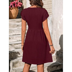 Decorative Button Ruffled V-Neck Dress - Dresses