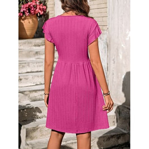 Decorative Button Ruffled V-Neck Dress - Dresses