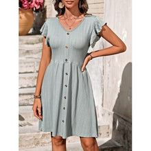 Load image into Gallery viewer, Decorative Button Ruffled V-Neck Dress - Dresses