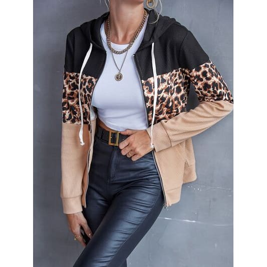 Drawstring Leopard Zip Up Hooded Jacket - jackets