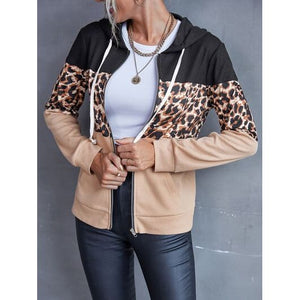 Drawstring Leopard Zip Up Hooded Jacket - jackets