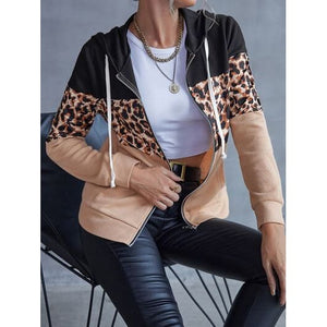 Drawstring Leopard Zip Up Hooded Jacket - jackets