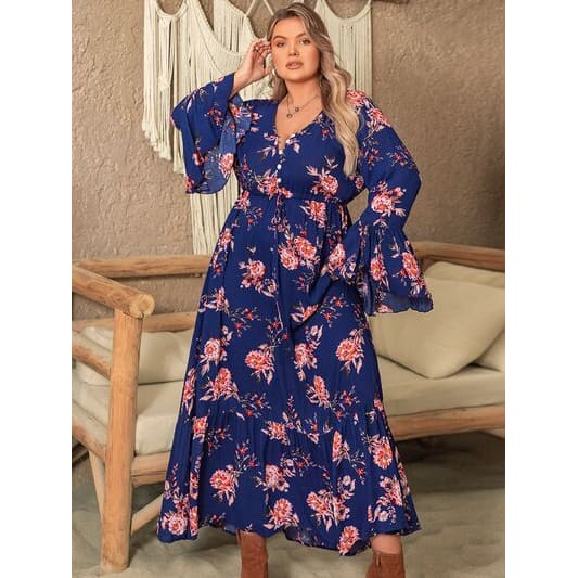 Elegant Printed Flare Sleeve Dress Plus Size