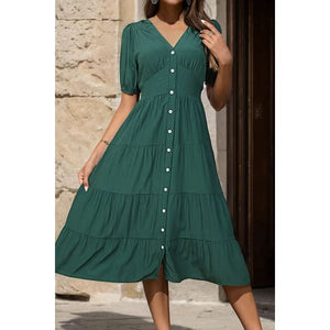 Elegant Statement V-Neck Button Up Balloon Sleeve Midi