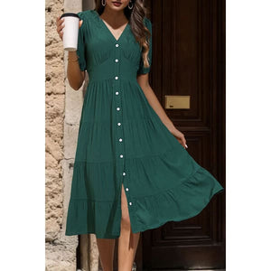 Elegant Statement V-Neck Button Up Balloon Sleeve Midi