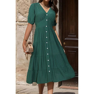 Elegant Statement V-Neck Button Up Balloon Sleeve Midi