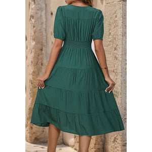 Elegant Statement V-Neck Button Up Balloon Sleeve Midi