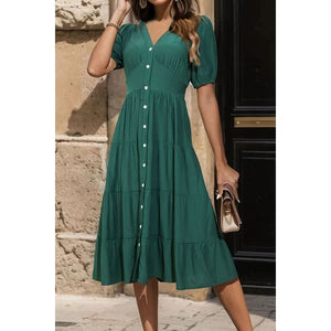 Elegant Statement V-Neck Button Up Balloon Sleeve Midi