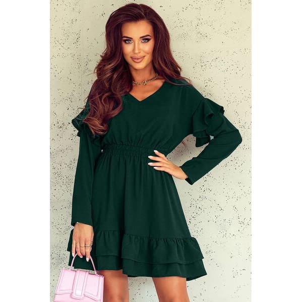 Elegant Stylish Ruffled V-Neck Dropped Shoulder Mini Dress