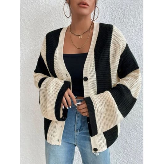 Fashion Striped Button Up Cardigan - Outerwear