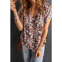 Load image into Gallery viewer, Floral Flutter Sleeve Tie-Neck Blouse - Tops - Summer