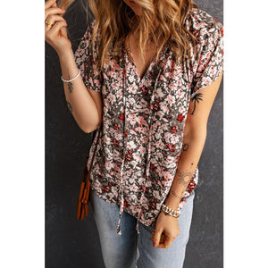 Floral Flutter Sleeve Tie-Neck Blouse - Tops - Summer