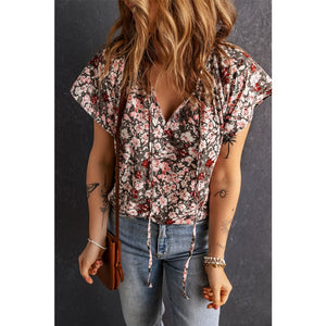 Floral Flutter Sleeve Tie-Neck Blouse - Tops - Summer