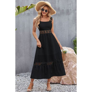 Flower Crochet Wide Strap Midi Dress - summer