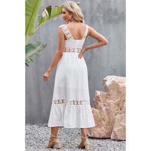 Flower Crochet Wide Strap Midi Dress - summer