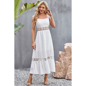 Flower Crochet Wide Strap Midi Dress - summer