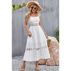 Flower Crochet Wide Strap Midi Dress - summer