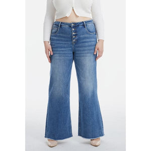 Full Size High Waist Button-Fly Raw Hem Wide Leg Jeans