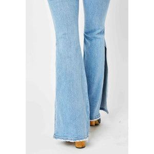 Full Size Mid Rise Raw Hem Slit Flare Jeans - Casual Wear