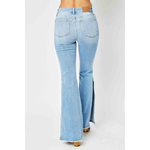 Full Size Mid Rise Raw Hem Slit Flare Jeans - Casual Wear