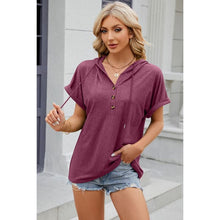 Cargar imagen en el visor de la galería, Half Button Drawstring Short Sleeve Hooded T-Shirt - Summer