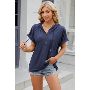 Half Button Drawstring Short Sleeve Hooded T-Shirt - Summer