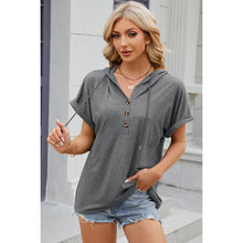 Cargar imagen en el visor de la galería, Half Button Drawstring Short Sleeve Hooded T-Shirt - Summer