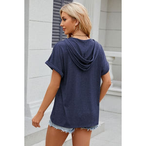 Half Button Drawstring Short Sleeve Hooded T-Shirt - Summer