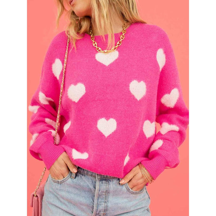 Heart Round Neck Drop Shoulder Sweater - Tops