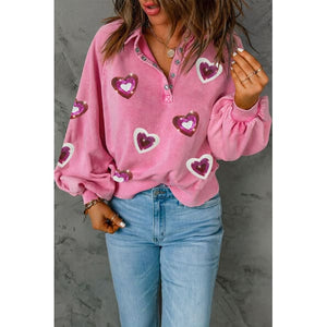 Heart Sequin Half Snap Mineral Wash Sweatshirt - Tops