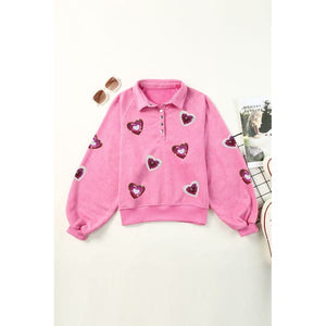 Heart Sequin Half Snap Mineral Wash Sweatshirt - Tops