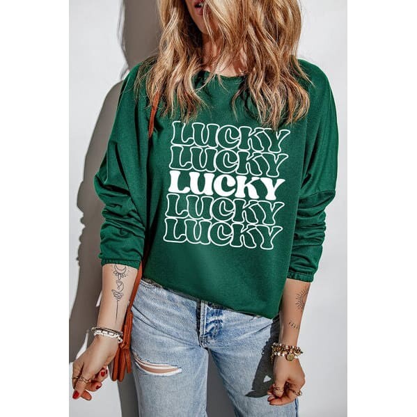 LUCKY Round Neck Dropped Shoulder Sweatshirt - Casual Wear