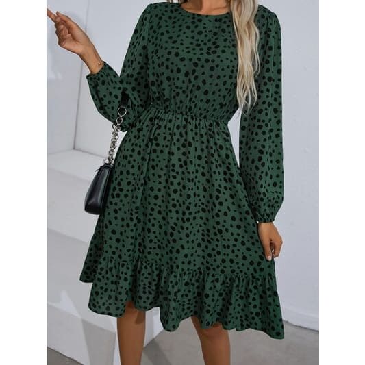 Printed Round Neck Balloon Sleeve Dress - Dresses