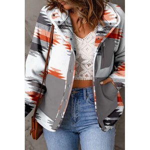 Printed Snap Down Hooded Jacket - Jackets