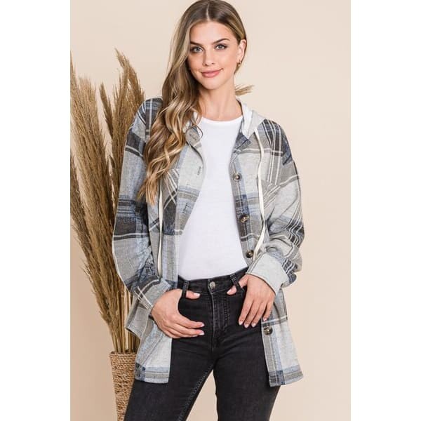 Relaxed Plaid Button Up Drawstring Hooded Jacket - Jackets