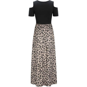 Relaxed Summer Feel Leopard Round Neck Cold Shoulder Dress