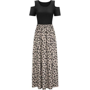 Relaxed Summer Feel Leopard Round Neck Cold Shoulder Dress