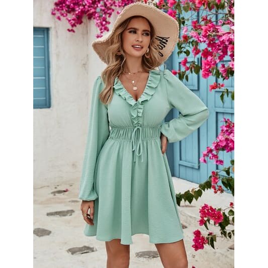 Ruffled V-Neck Balloon Sleeve Mini Dress - summer