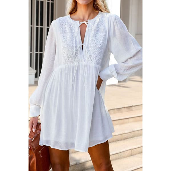 Sexy Comfortable Lace Detail Tie Neck Mini Dress - Dresses